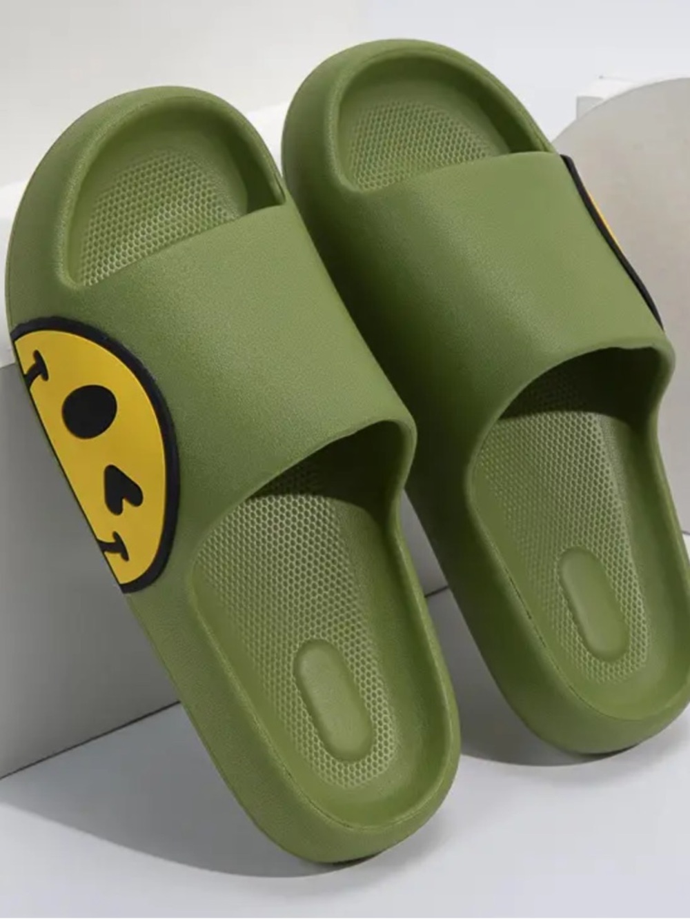 New Olive Green Slide Sandals with Yellow Smiley Accent